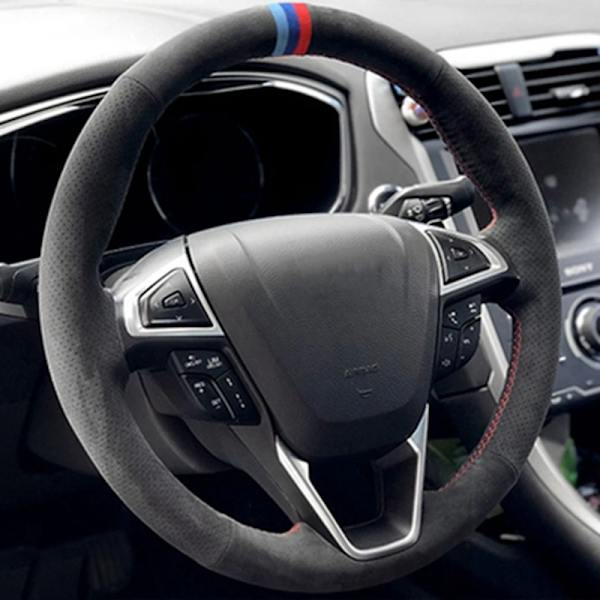 Biltillbehör svart mocka flätad handsydd rattöverdrag för Ford Mondeo Fusion 2013-2019 Edge 2015-2019 Syle 3