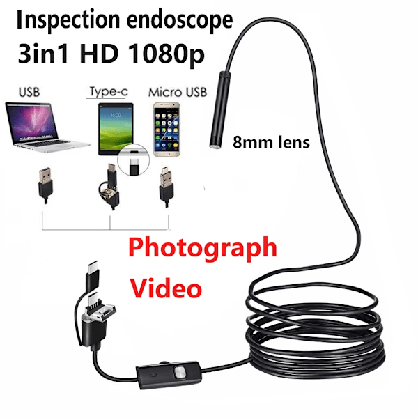 Mobiltelefonendoskop HD-kamera 1080p för bilreparation inspektionslins med 8 LED 10m flexibel kabel vattentät inspektionsendoskop hard cable 3.5M 8mm