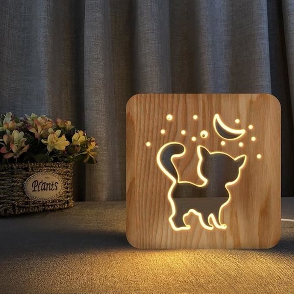 Led Trä Nattlampor För Sovrum Bordslampa Med 3D Husdjurskatt Usb Lampskärm - Muesdeit 3041