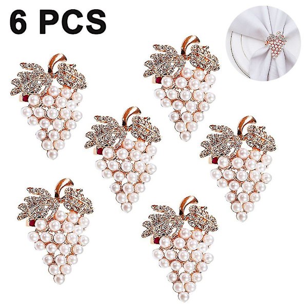 Set med 6 diamanter pärla druva servettring metall servett spänne för jul, helgdagar, bröllop, halloweenfest, middagar dekor
