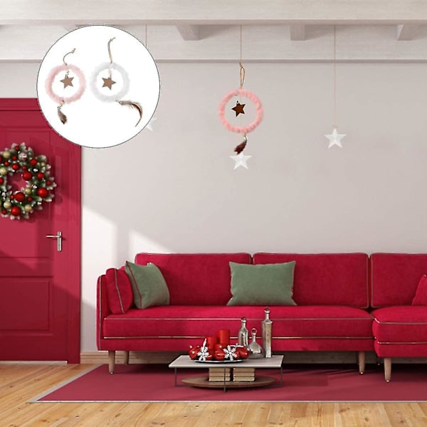 Jul hängande fluffig stjärna julgran hängande träd dekoration vit rosa festtillbehör (vit rosa) (2 st)