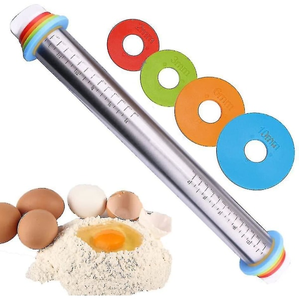 Noodle Pin Stainless Steel, Adjustable Thickness Rolling Pin, With 4 Sizes Of Spacers, Diameter 4.5 Cm, L