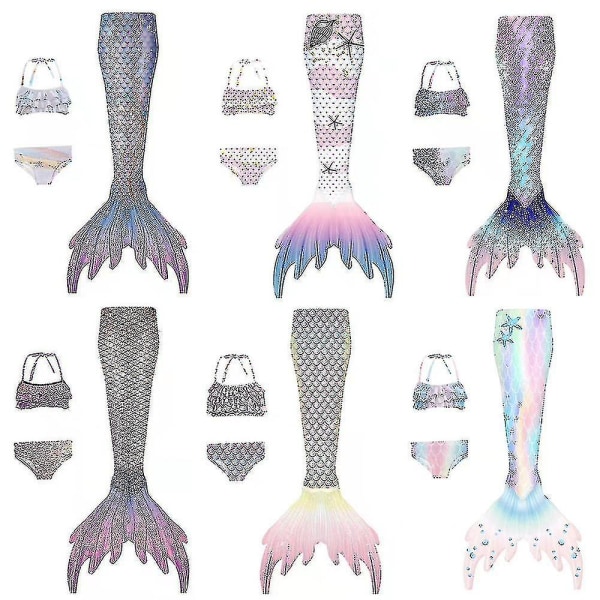 3st Mermaid Tails Barn Baddräkt Kostymer Med Monofins Bikini Simning M(115-125cm height) Style F