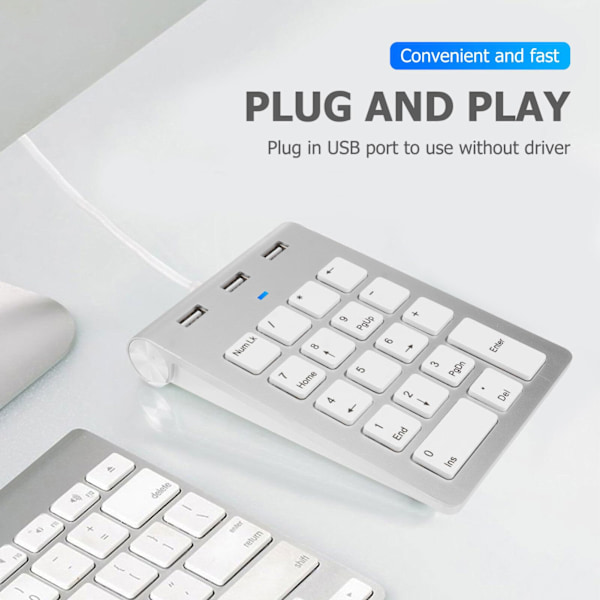 Kablet numerisk tastatur - USB numerisk tastatur til bærbar computer 18-tasters numerisk tastatur med 3 USB 2.0-porte Numerisk tastatur, sølv