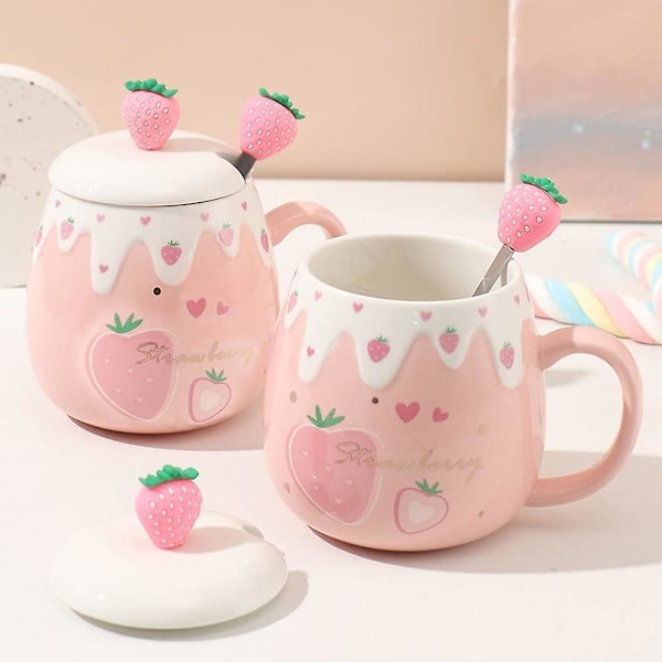 Søt Jordbær Krus Rosa Kaffe Krus Keramikk Kawaii Kopp Morgen Te Melk Frukt Krus Med Nydelig Lokk Rustfritt Stål Skje Kreativ 500ML