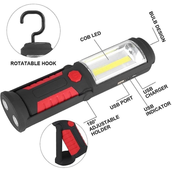 Ladattava LED-työvalo magneettisella LED-taskulampulla 2200mAh COB LED 650lm 3w autotalliin, työpajaan, retkeilyyn, DIY-töihin (punainen)