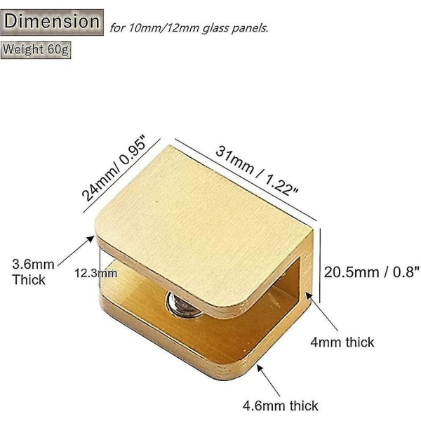 Pakke med 4 glas klemmer, ingen boring på glas hyldeholder klemme støtte (til 10mm-12mm glas, guld)