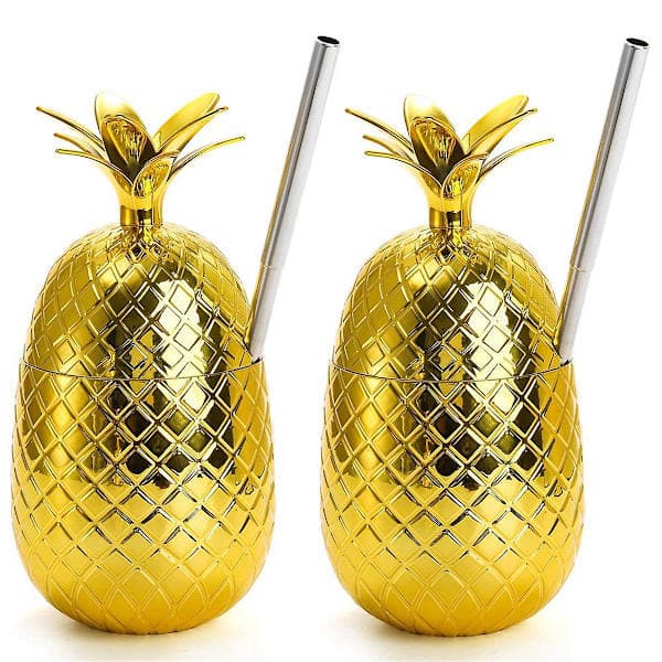 2-pack Ananas Drickmuggar, 450ml Guld Ananas med Utdragbart Sugrör, Hawaii Luau Festmuggar
