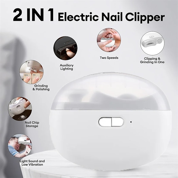 Automatisk elektrisk nagelklippare med ljus och 2 hastigheter, nagelpolerare 2 i 1-design, nagelklippförvaring, USB-laddningsbar (vit)