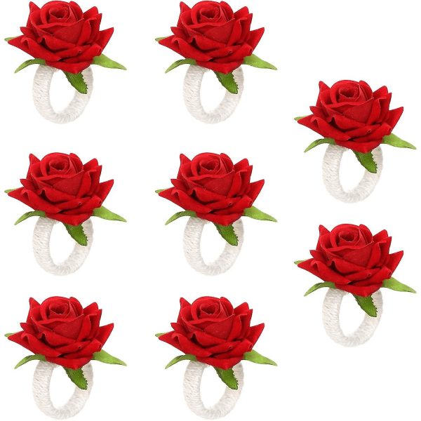 8 Pcs Napkin Ring Sets Floral Napkin Holder Rings Artificial Rose Napkin Rings Burlap Cord Napkin Buckle Handmade Faux Red Rose Napkin Loop