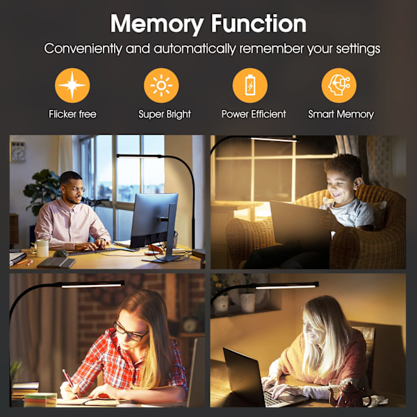 2 stk. Sort LED-skrivebordslampe med klemme, øjenvenlig klips på lys til hjemmekontor, 3 tilstande 10 lysstyrke, lang fleksibel svanehals