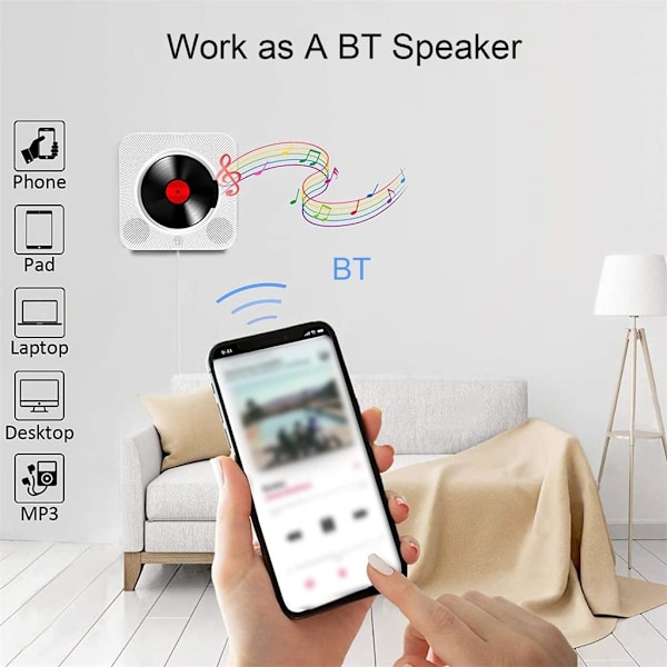 （valkoinen）Kannettava CD-soitin, FM-radio ja Bluetooth-kaiutin 2-in-1-yhdistelmä, Kannettava CD-soitin autoon/kotiin