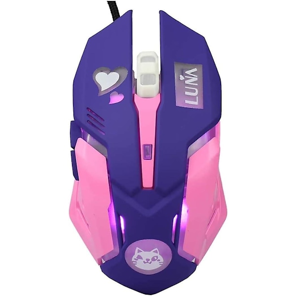 Gamingmus, 7 farger bakgrunnsbelyst optisk spillmus ergonomisk USB kablet med 2400 DPI og 6 knapper 4 skyting for datamaskin/Win/Android/iOS. (Lilla)