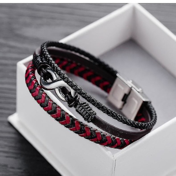Lædervævet Titanium Stål Rød og Sort Farvet Læder Armbånd til Mænd