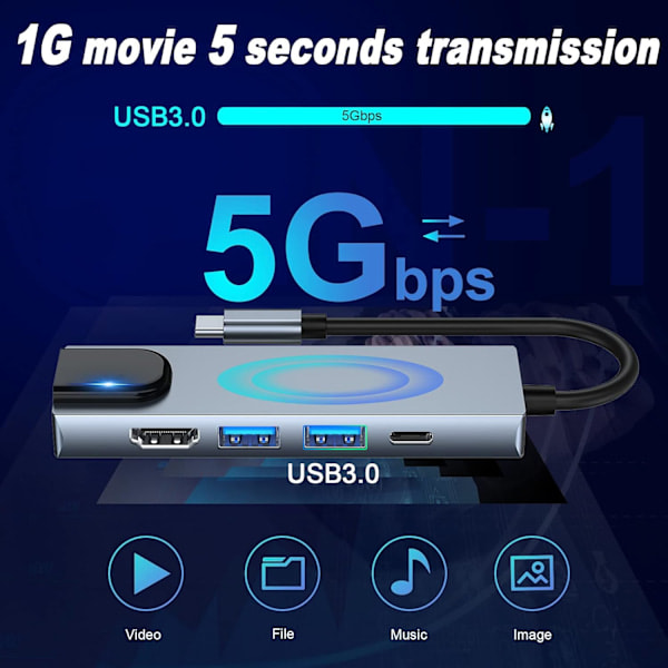 USB-C Hub Multiport Adapter, 5-i-1 USB-C Dockingstation med 4K HDMI