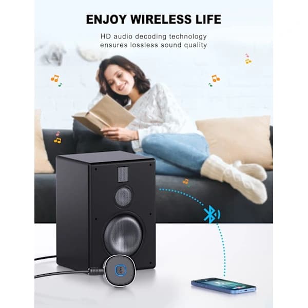Bluetooth 5.3 AUX-mottaker, 3,5 mm trådløs lydadapter med håndfri samtale, dobbel sammenkobling for bilstereo, hjemmehøyttalere, 16 timer