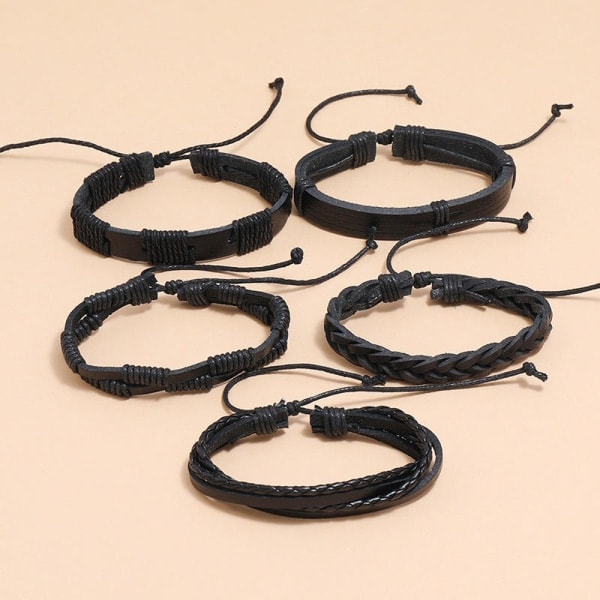 5-pak Håndlavede Læderarmbånd Herrearmbånd Sort