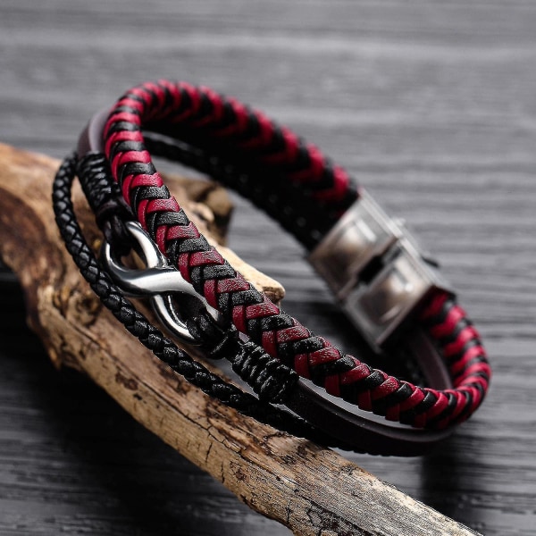 Lædervævet Titanium Stål Rød og Sort Farvet Læder Armbånd til Mænd