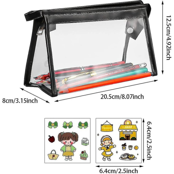 2 stk. gjennomsiktige kosmetikkvesker, gjennomsiktig pennal, gjennomsiktig toalettveske med 2 stk. medfølgende klistremerker i ulike stiler (svart + hvit)