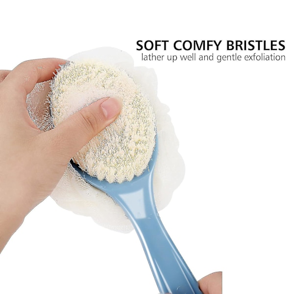Dusj Kroppsbørste Med Børster Og Loofah, Rygg Skrubber Bad Mesh Svamp Med Buet Langt Håndtak For Hud Eksfoliering Bad, (blå)
