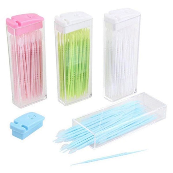 200 Pcs Plastic Toothpicks 2 Way Tooth Picks Interdental Brush Cleaners Portable Box Random Color