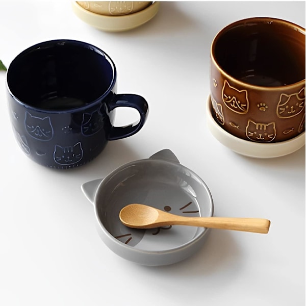Söt mugg med lock, djur kaffekopp tekopp fat set, födelsedag examen presenter alla hjärtans dag mors dag påsk jul presenter (katt)