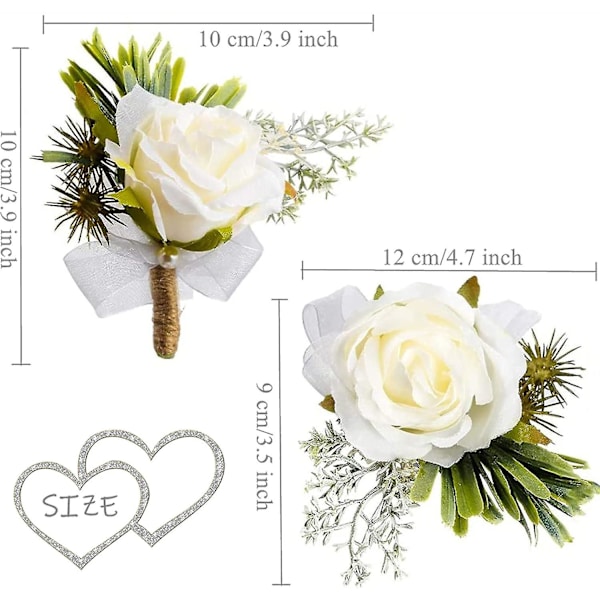 2 stk. Hvide Rose Dame Håndled Blomster og Herre Knaphuls Corsage Velegnet til Brud og Brudepige Bryllup Prom