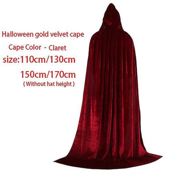Unisex huvakappa, hel lång sammetskappa för halloweenkostymer_hh 130cm Claret