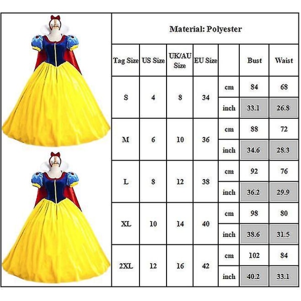 Halloween Deluxe Prinsessan Snövit kostym Vuxna kvinnor Klassisk sagoklänning Maskerad Karneval Cosplay Festoutfit Klä upp H L