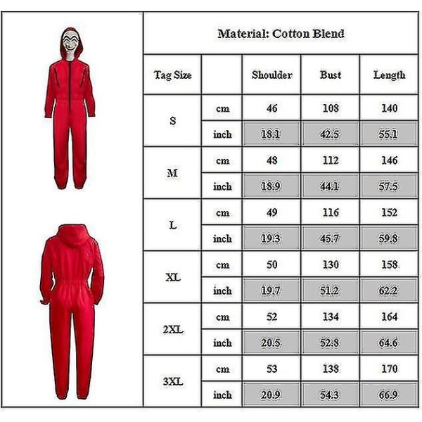 Halloween Christmas Money Heist Sedel House Cosplay Party Kostymer Jumpsuit + Mask 3XL Jumpsuit With Maske