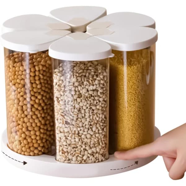 Roterende tørfødevarebeholder med 6 rum, nem dispensering til ris, sukker, mel, bønner og snacks, hvid