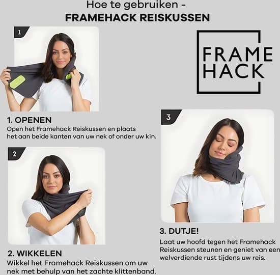 Framehack Foldbar Rejsepude Blød Fleece Nakkestøtte til Fly Bil Tog med 3D Sovemaske og Ørepropper Sort