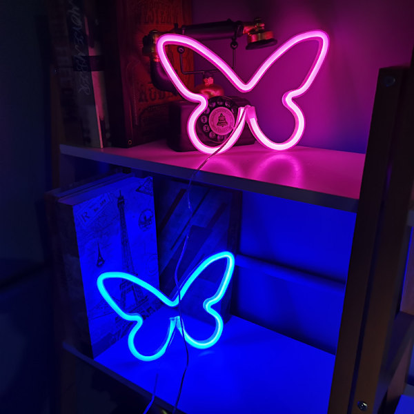 2 kpl Perhosen Neon-kyltit Perhonen LED-valo 3AA Paristokäyttöinen, USB-käyttöinen Seinä Neonvalo Deko Perhonen Neon Seinätaide