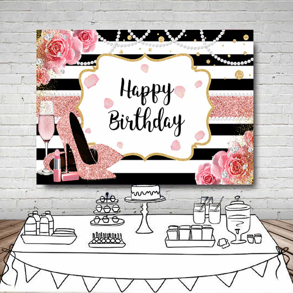 5x3ft Pink Floral Happy Birthday Baggrund til Kvinder Glitter Rose Gold Høj Hæl Champagne Fotografi Baggrund Sort Hvid