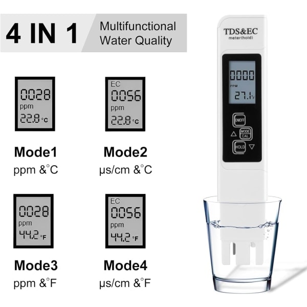 Vandkvalitetsmåler, 3 i 1 LCD digital vandkvalitetstester med baggrundsbelysning, TDS/EC vandtester til drikkevand, pool, akvarium