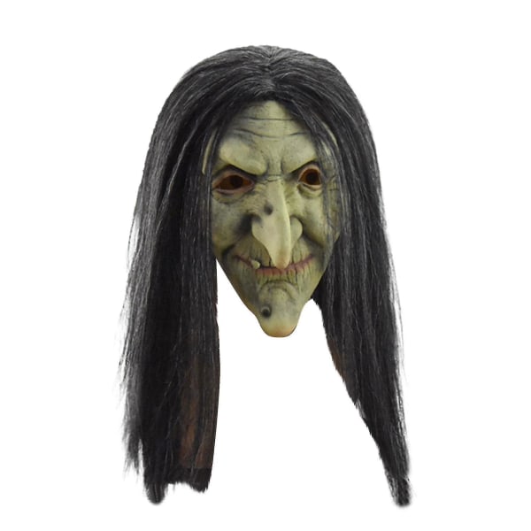 Gammal kvinna häxmask Grönt ansikte läskigt skrämmande skräck cosplay kostym
