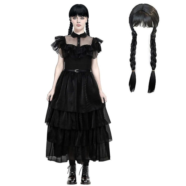 Dam onsdag Addams Kostym Halloween Carnival Cosplay Party Fancy Dress Up Vuxen Gothic Mesh Dans Klänningar H One Size Wigs