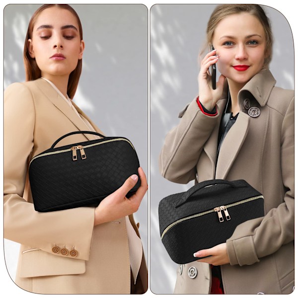 Läder Vattentät Kosmetisk Väska, Kvinnors Bärbara Resa Makeup Väska Med Handtag Och Avdelare Flat Lay Makeup Organizer Väska (Svart)