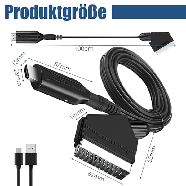 SCART til HDMI-konverter 1080P Plug and Play-adapter med USB-strømkabel til TV-projektor VHS PS2 PS3 Sort