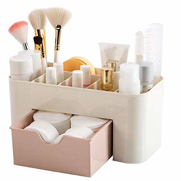 Plastisk kosmetisk arrangør makeup bordplade display case desktop kosmetisk boks med lille skuffe multifunktionel skrivebord make (Pink)