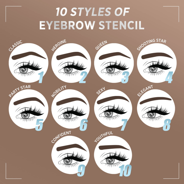 Øjenbrynsstempel og Stencil Kit, 10 Øjenbrynsstencils, Mørkebrun