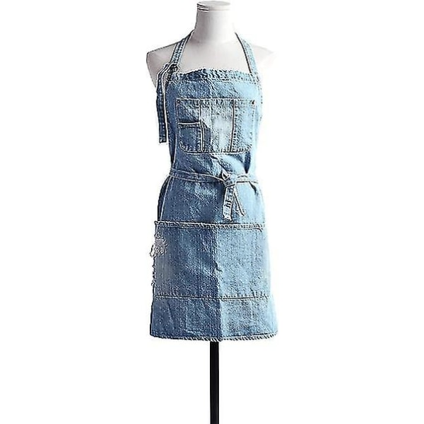 Denim Apron, Unisex Adjustable Bib Apron With Pockets For Cooking Kitchens Short Wathet Blueblack