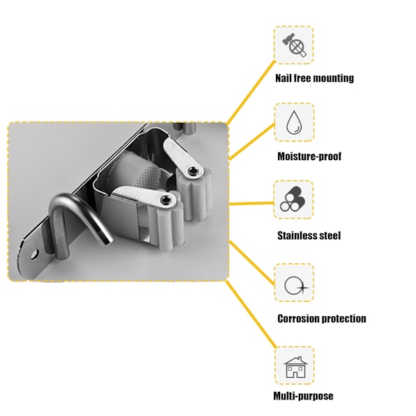 Kosterholder veggmontert, borefri mopp- og kosterholder med 4 overdørskroker, verktøyarrangør for vaskerom