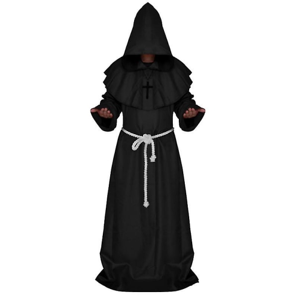 Munkrock, medeltida munkprästdräkt för vuxna, renässanstunika med huvmunik munkrock, Cosplay Fancy Dress Up, Halloween Party Co XL Black