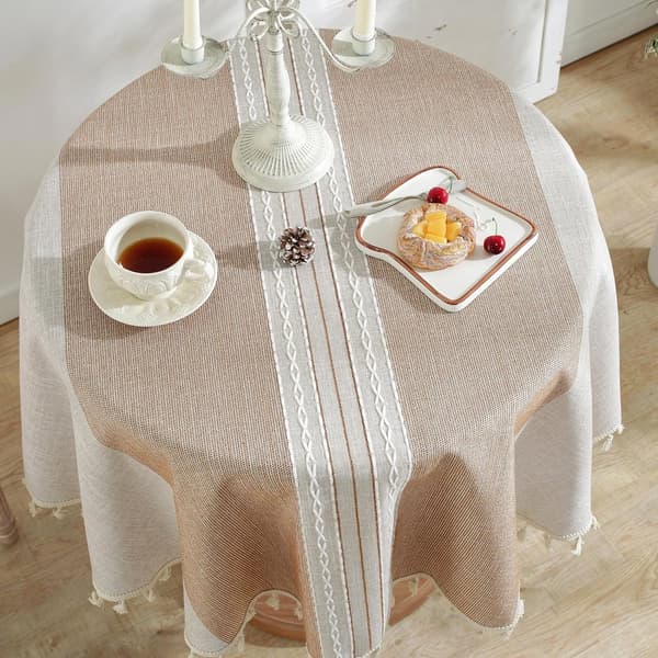 Rund duk, skrynkelresistent polyester med tofsar, matsal uteplats picknick, brun, 55 tum 140 cm diameter