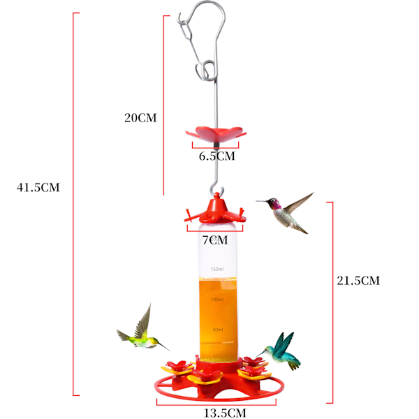 Kolibrimatere i plast for utendørs oppheng, maur- og bienesikre, 6 fôringsåpninger, lekkasjesikre og enkle å rengjøre