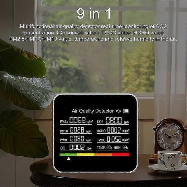 9 i 1 Luftkvalitetsmätare CO2-mätare Koldioxid Detektor CO2 CO TVOC HCHO PM2.5 PM1.0 PM10 Tempe 2024THO