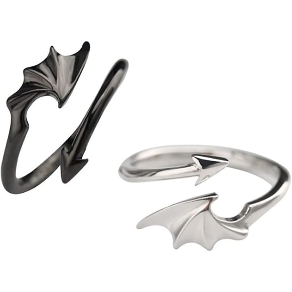 1 Pair Couples Matching Rings For Women Men Fashion Angel Devil Open Tail Ring Adjustable Black Silver Expandable Dragon Wing Arrow Ring Promise Weddi