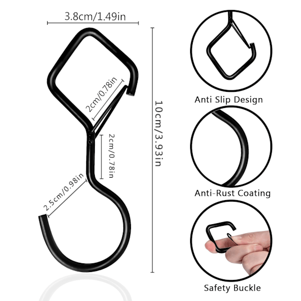 12 st S-krokar för upphängning, 4 tum tunga garderobskrokar med säkerhetsspänne, garderobskrokar för upphängning av växter, kläder (svart)