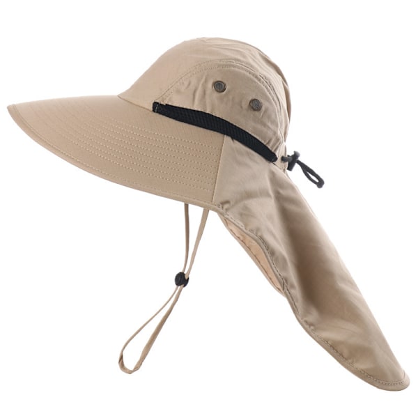 Hat, Bred Fiskeri Cap med Justerbar Hagebånd og Nakkeflap til Udendørs Rejser Sommer Strand（ Khaki ）